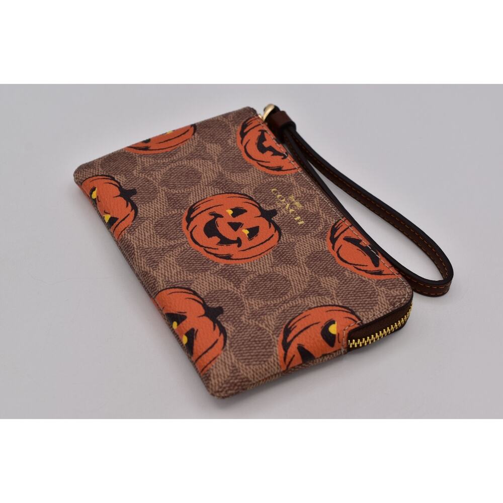 Coach Corner Zip Wristlet In Signature Canvas With Halloween Print Pumpkin NWT - Picture 9 of 16